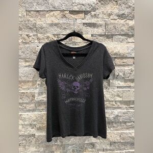 Harley-Davidson Women's Gray and Black V-Neck Tee